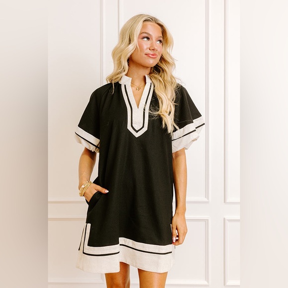 NWT Entro Linen Blend Puff Sleeve Border Dress - Picture 2 of 11